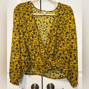 A New Day Mustard Yellow Floral Wrap Blouse Long Sleeve Sheer Size S